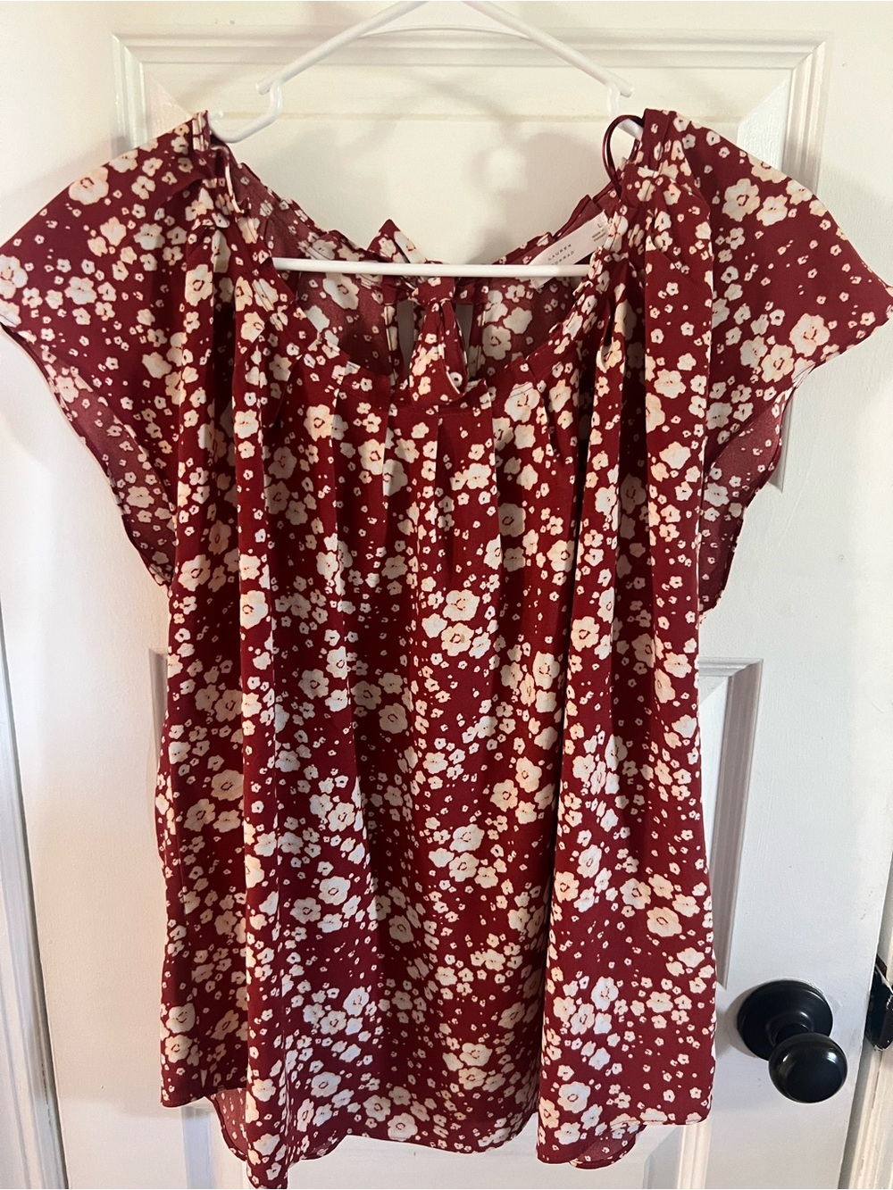 LC Lauren Conrad Burgundy Floral Tie-Neck Blouse